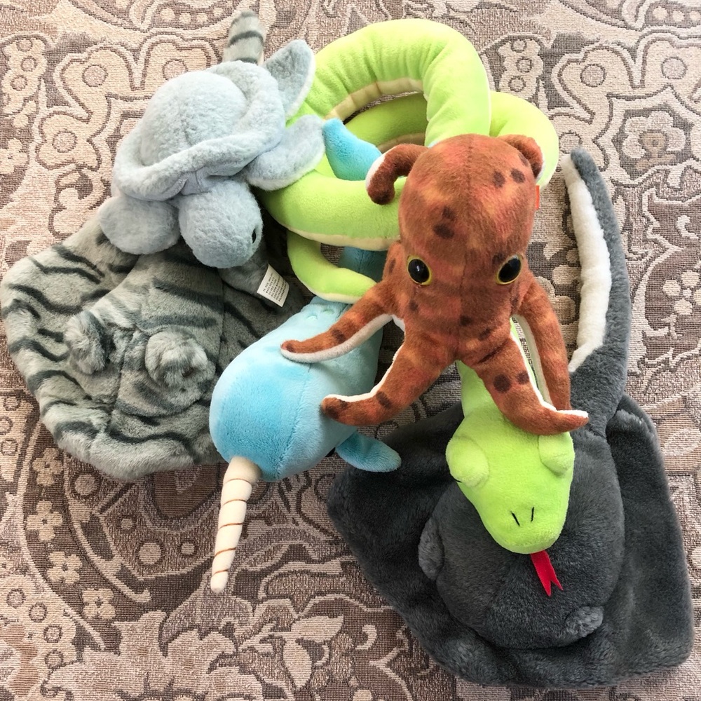6 Plush Under Sea Water Creatures: 2 Stingrays Narwhal, Turtle, Octopus & Snake